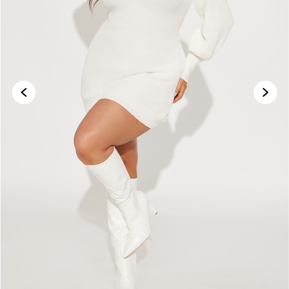 White Ribbed Knit Dress with Boots